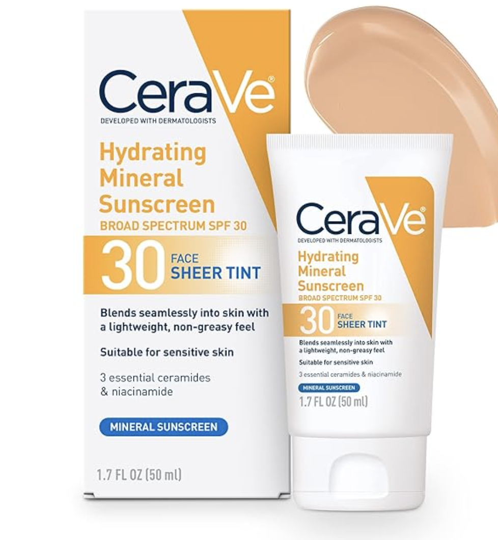 CeraVe Hydrating Mineral Sunscreen SPF 30 Sheer Tint in a white and blue tube.